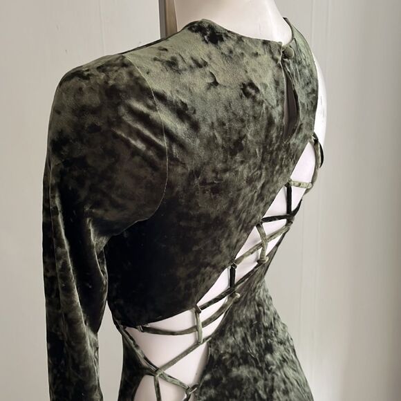 CAMILA COELHO Green Velvet One Shoulder Cutout Lace-Up Maxi Gown party dress XS - Picture 7 of 14
